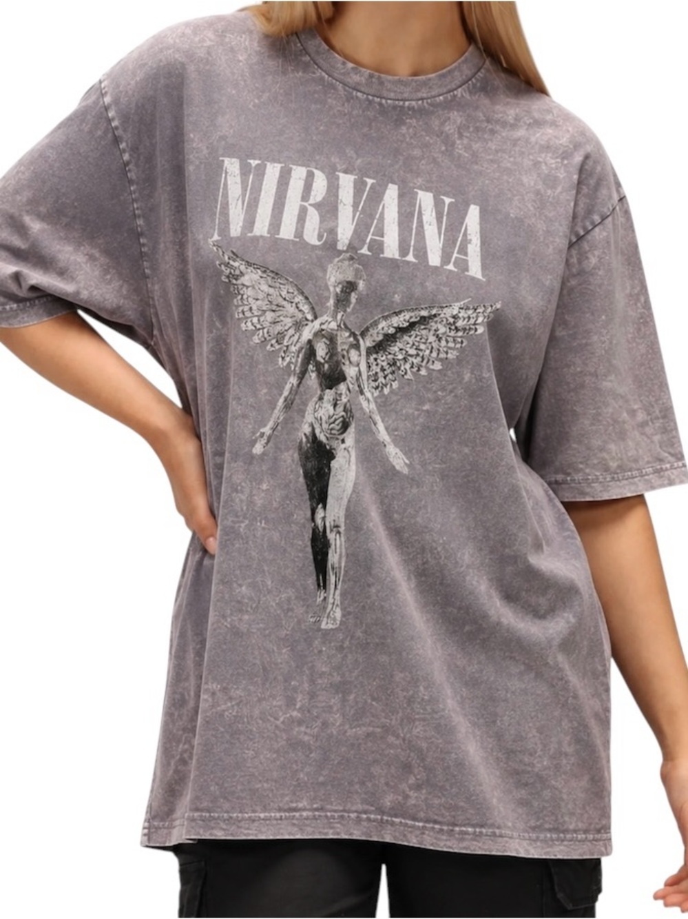 Nirvana In Utero Angel Graphic T-Shirt Acid Wash Purple Grey 1X Grunge Style